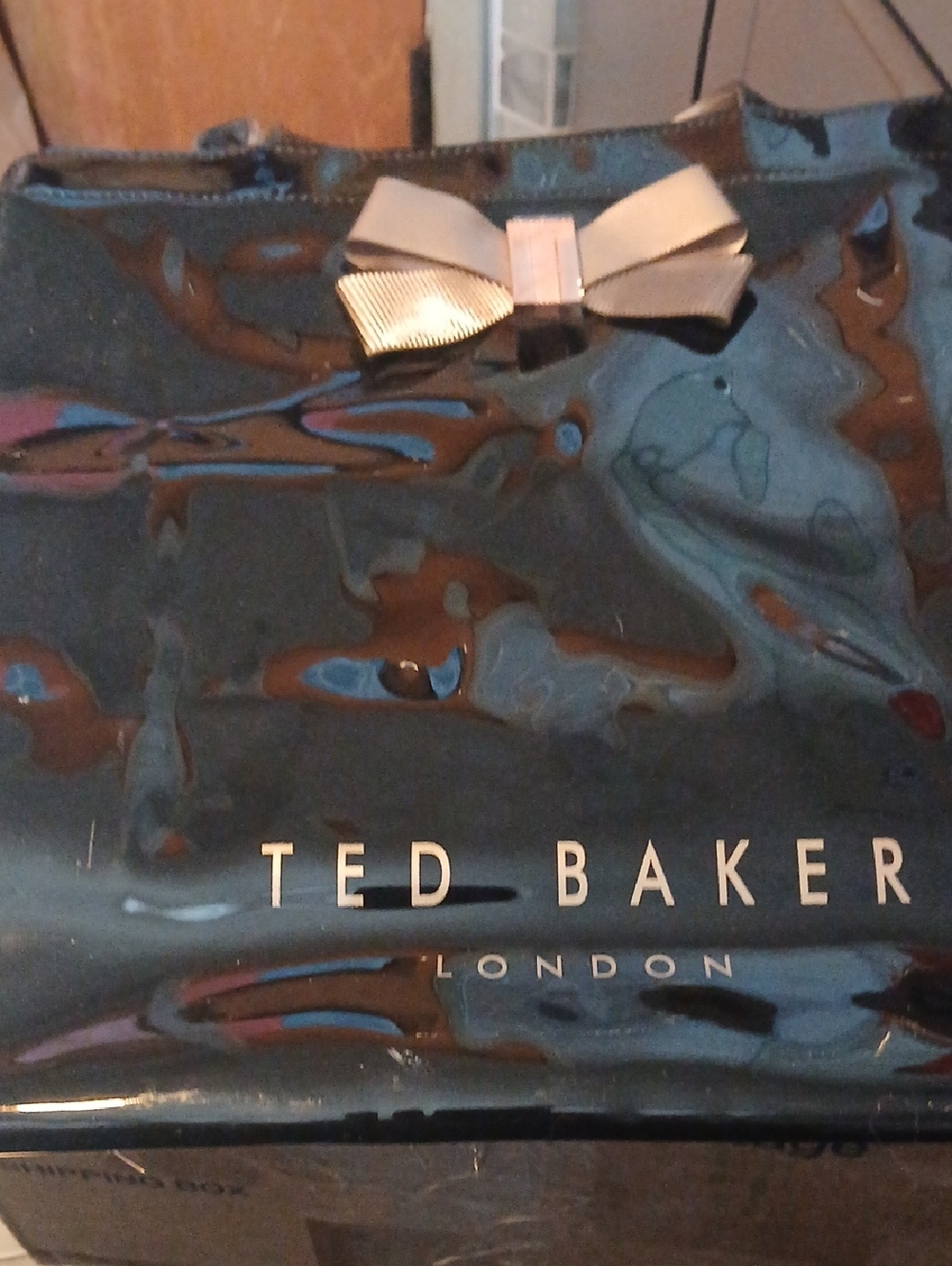 Ted Baker Black Patent Tote with Metallic Bow Accent